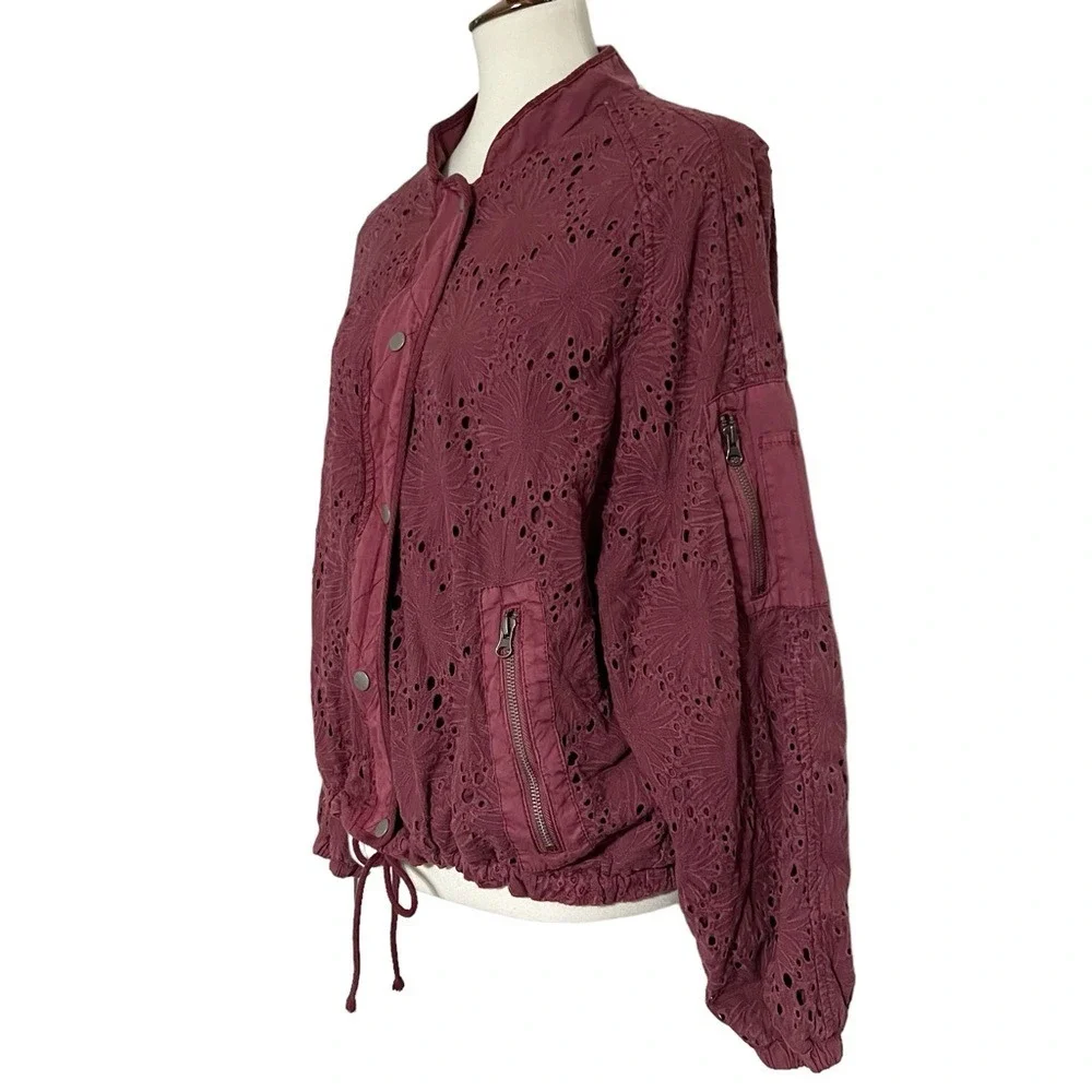Free People Daisy Jane Eyelet Embroidered Bomber Jacket In Raspberry